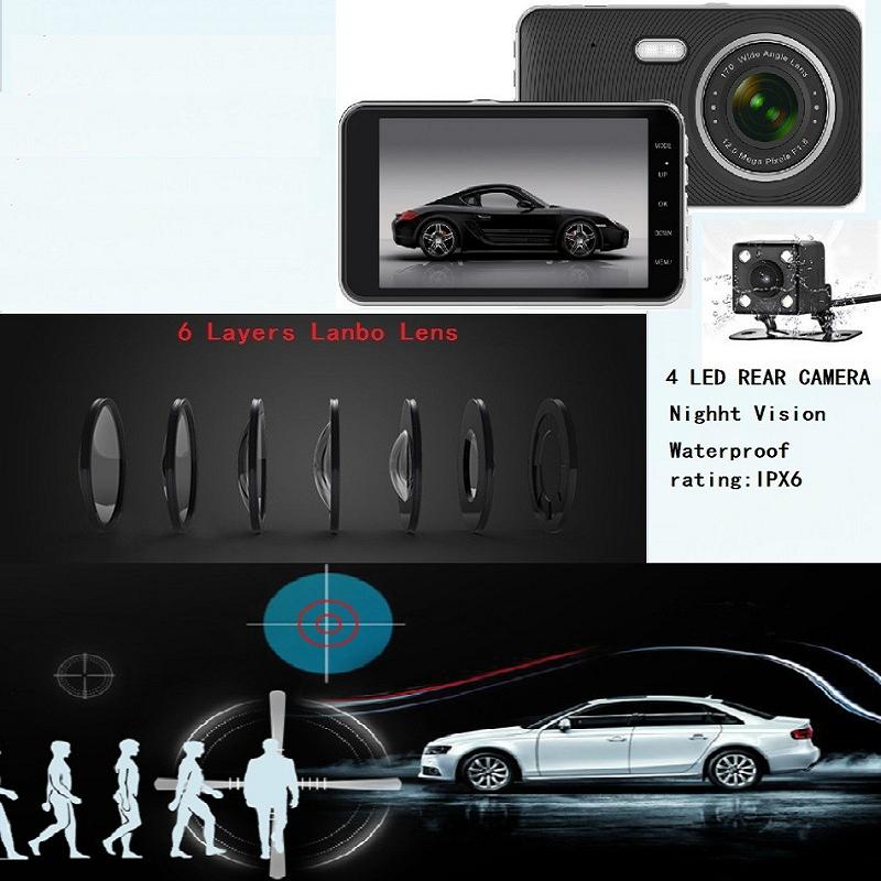 4-inch Dashcam, IPS HD 1080P Car DVR, Dual Front and Rear Cameras, Supports Reversing Camera Function.