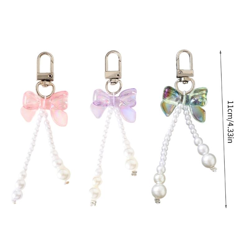 Bowknot Shaped Keychain Pendant Pearls Beaded Butterfly Knot Key Chain Fashionable Bow Ornament for Phones and Bag