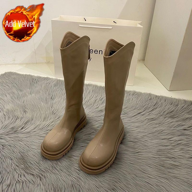 Fashion Round Toe Fleece-Lined Platform Knee High Shaft Shoes Woman Fashion 2025 Hot New Autumn Winter Warm Leather Long Boots for Women