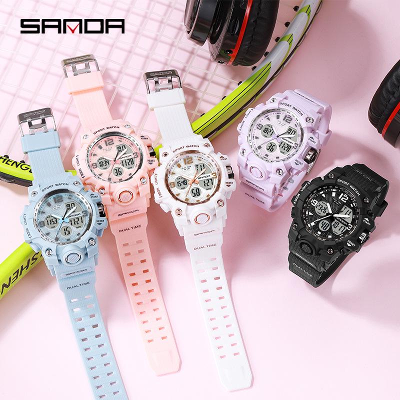 SANDA Women's Trendy LED Dual Display Waterproof Watch with Hourly Chime