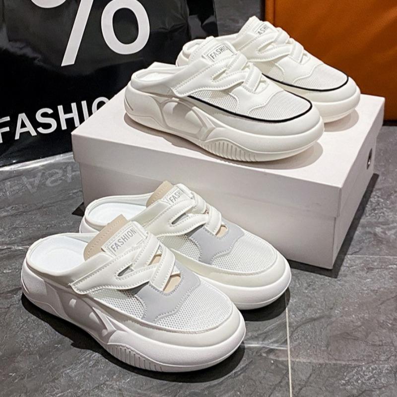 Fashion 2025 Women Baotou Mesh Casual Shoes Summer Lazy Slippers Fashion Breathable Soft-soled Round-toe White Sandals Zapatos De Mujer