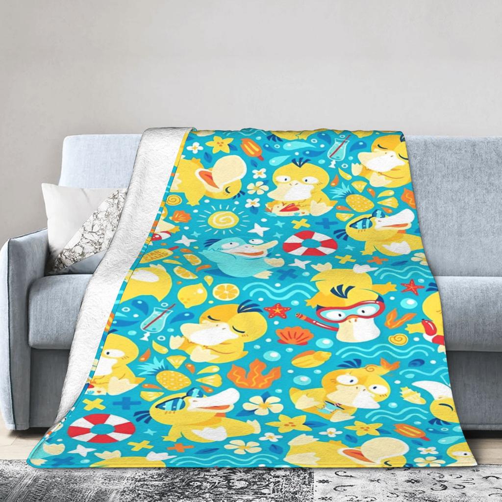 Warm Blanket Travel Office Manga Psyduck Printed Throw Blanket Pokemoned Flannel Bedspread For Outdoor Funny Sofa Bed Cover