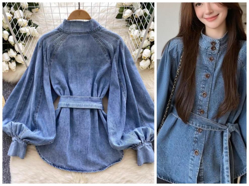 Retro Light Luxury Denim Top with Tie-Waist and Lantern Sleeves