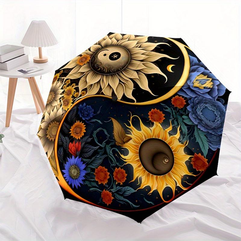 "Yin Yang Floral Harmony: Aesthetic Artwork for Walls"Umbrella, Portable 3-Fold Compact Umbrella for Men & Women ES35