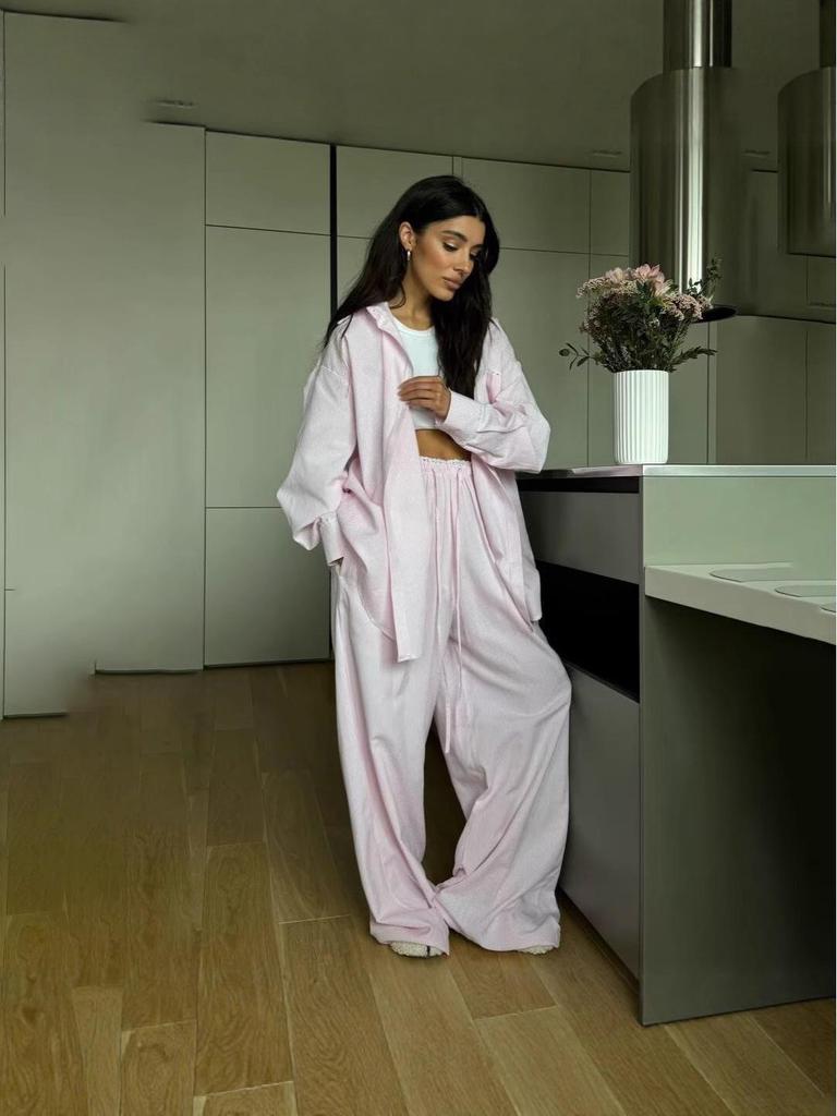 Autumn Cross-Border French Style Striped Shirt & Straight-Leg Pants Set