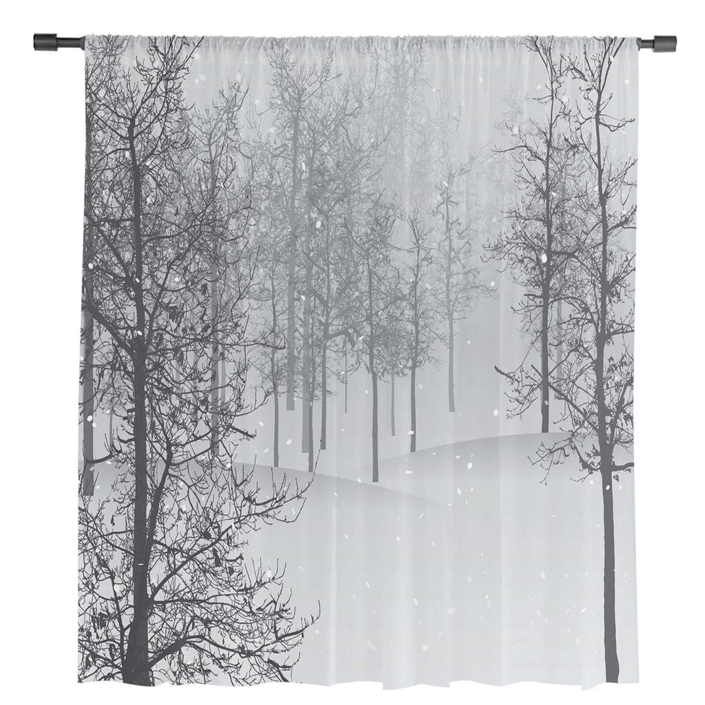 Winter Forest Tree Snowflake Semi Curtains Living Room Snowy Landscape Print Tulle Curtain Drapes Window Treatments Sheer Polyester Great Treatment