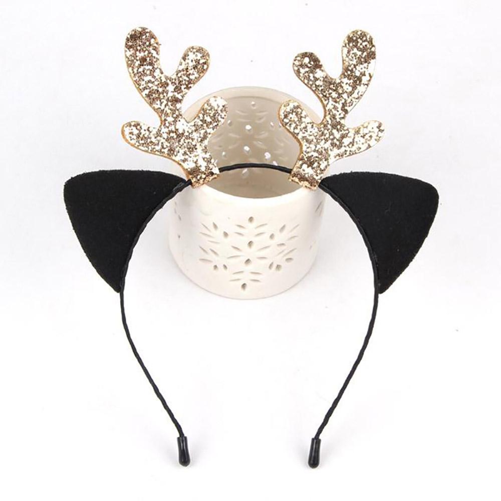 Faixa de cabeça de Natal com chifres brilhantes e orelhas de gato de desenho animado para meninas, acessórios para cabeça para crianças, suprimentos para decoração de festa de aniversário e natal