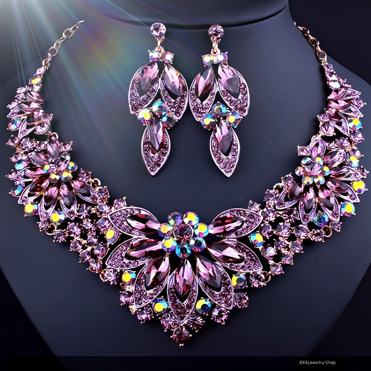 [KK Solis] Flower Motif Gorgeous Necklace & Earrings - Large, Luxurious, High-End Jeweled Accessory for Weddings, Receptions, Parties, Concerts,