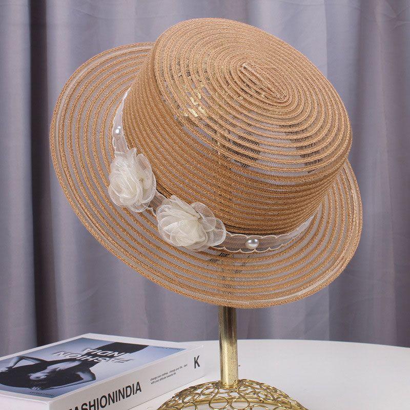 Transparent Straw Hat for Women Summer Beach Shade and Sun Protection Sun Hat Fashionable Temperament Floral Flat Top Hat