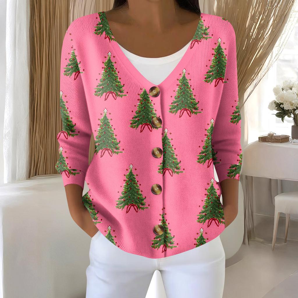 Cardigan con stampa a maniche lunghe con pupazzo di neve e fiocco di neve di Natale da donna