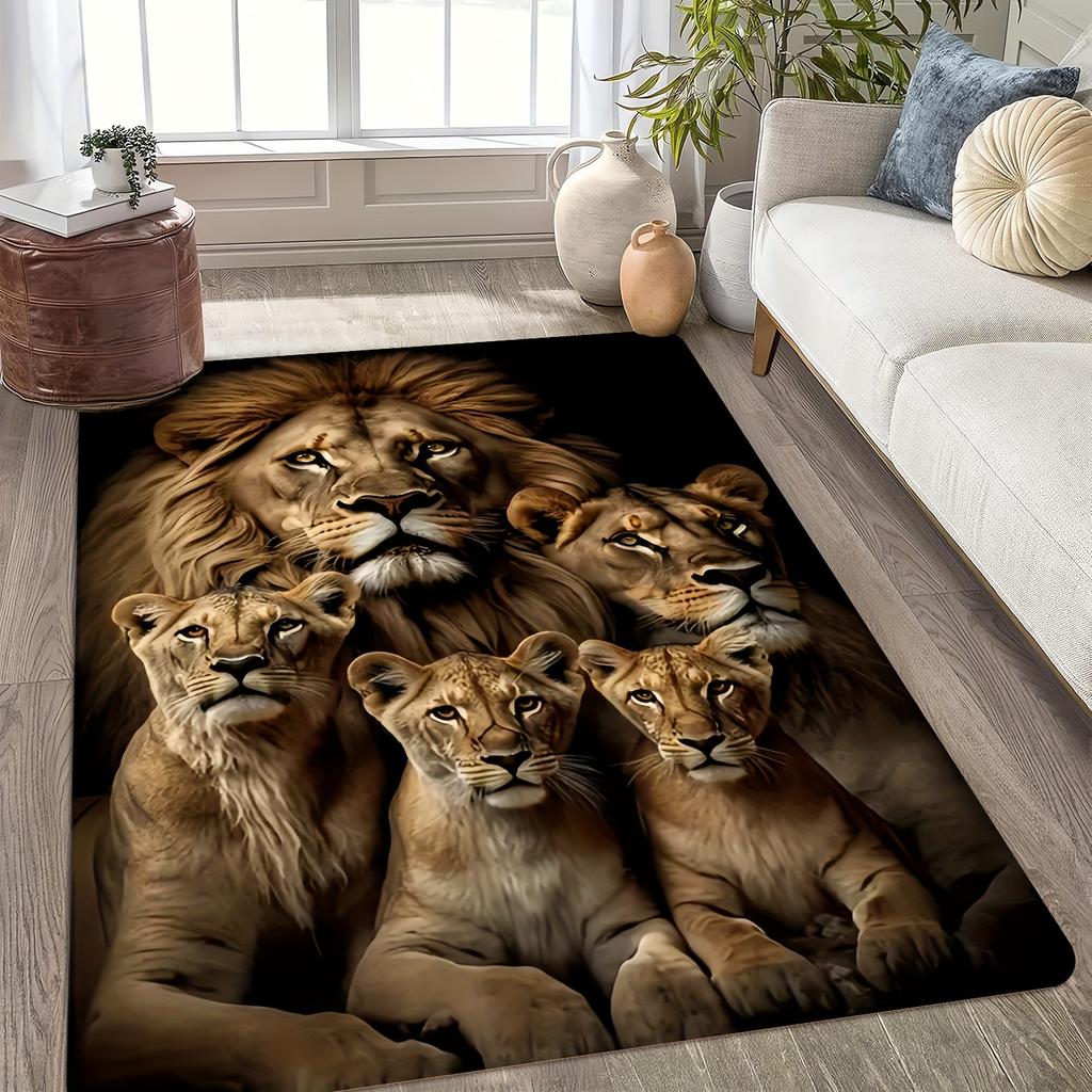 Realistic Lion Family Portrait Printed Flannel Rug Soft Carpet For Living Room Bedroom Wildlife Nature Decor Artistic Design