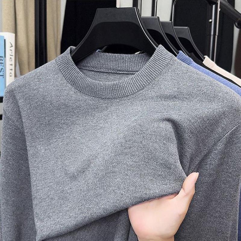 Men's Velvet Knitted Round Neck Sweater - Thick Warm Base Layer for Autumn/Winter.