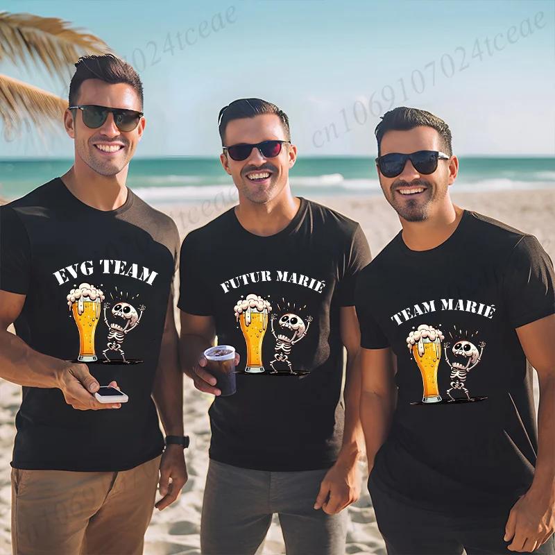 French Evg Team Future Groom Man T-shirt Wedding Tops Single Farewell Bachelor Party Tees Fashion Skeleton Beer Graphic Tshirt