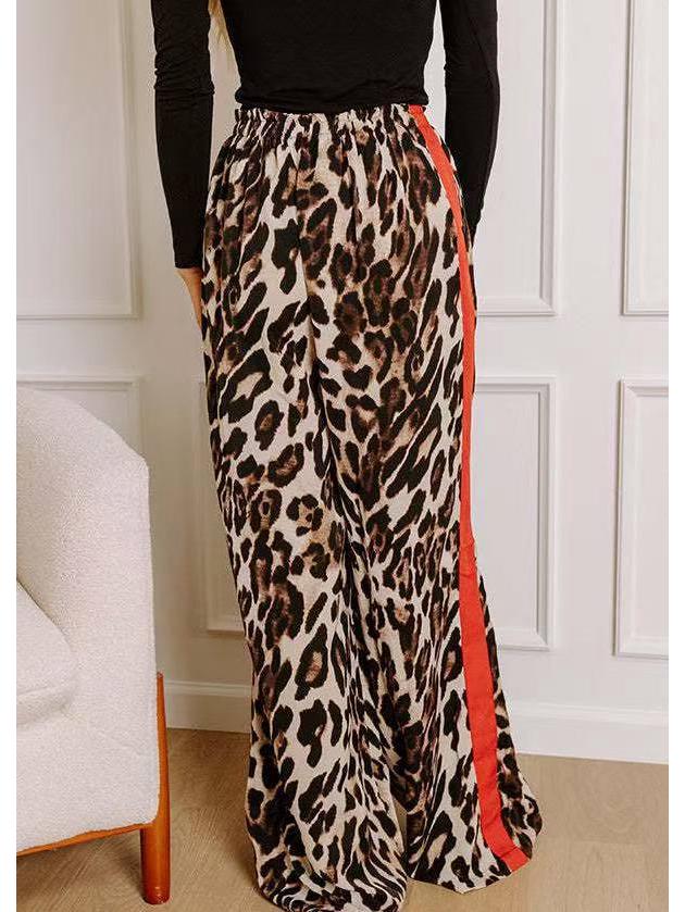 Leopard Print Patchwork Wide-Leg Women's Trousers
