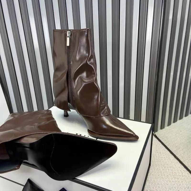 Fashion Ankle Boots Women Black Beige Brown Microfiber Leather Women Short Boots Pointed Toe Stiletto High Heel Winter Ladies Boots