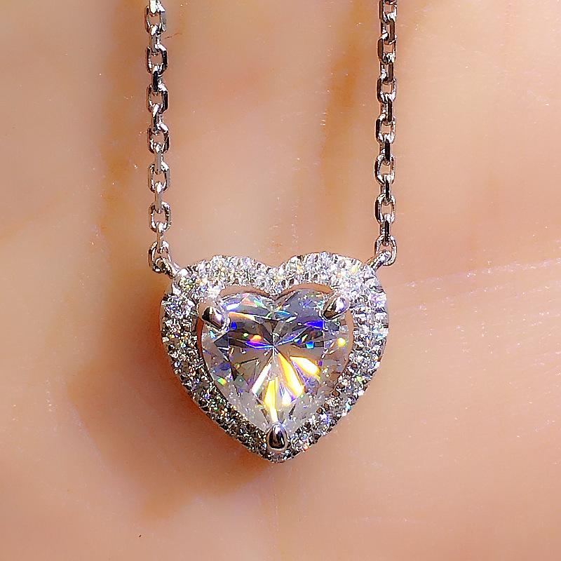Silver Plated Heart Halo CZ Pendant Necklace, Sparkling Double-Layer Heart Cut Cable Chain Necklace for Women