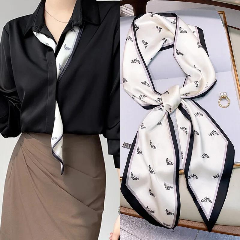 Mode Blauer Druck Seidenschal Damen Weicher Satin Pferdehaarband Schräges Halstuch Büro Hijab Stirnband Foulard Taschenbänder Geschenk