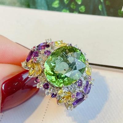 Female Yellow Green Purple Stone Silver Color Oval Flower Wedding Rings Promise Open Adjustable Engagement  For Women