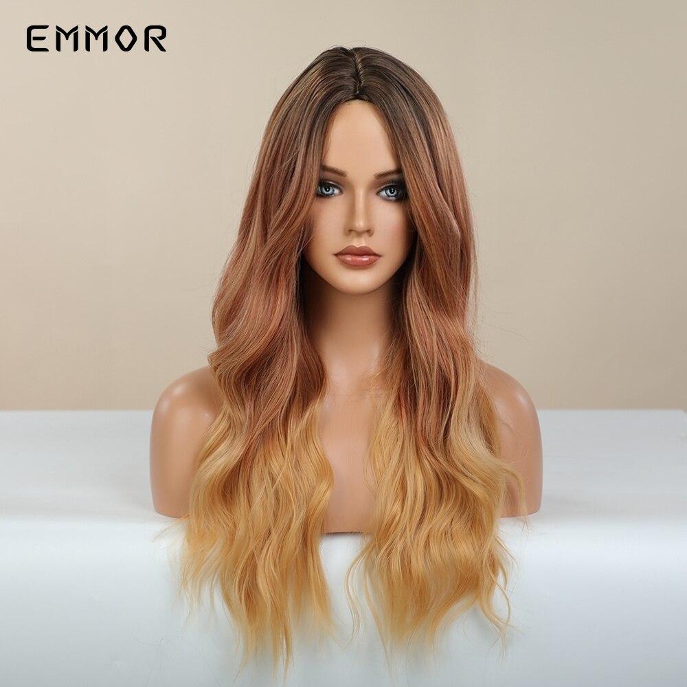 Ombre blond închis tip de păr moale ondulatPerucă pentru femei Cosplay sintetic portocaliu maro Tip de părPeruci rezistente la căldură