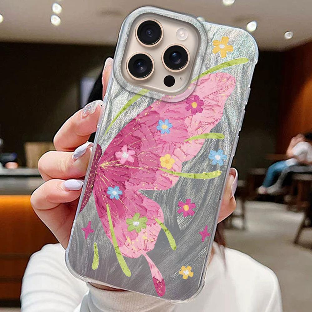 Metal Butterfly Printed Color Plants Phone Case For Apple iphone 15 16 14 13 Pro Max 16e 7 16plus Silicone Couple Back TPU Cover