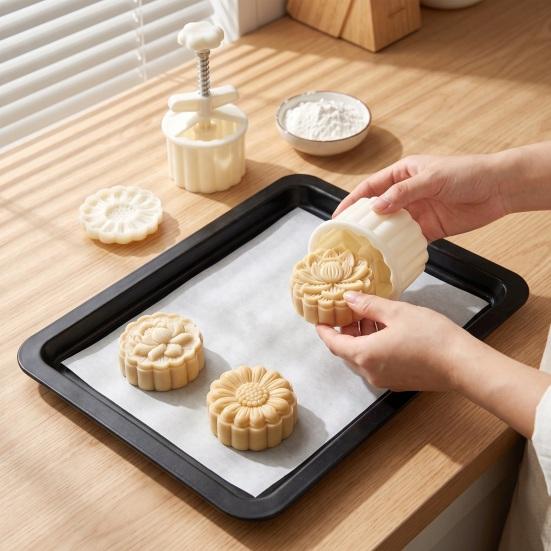 Baking Tools for Pastry Hand Press Mooncake Mold, Peony And Lotus Flower Stamps Plastic Kitchen Gadgets Cookies Tool, Handmade Supplies DIY