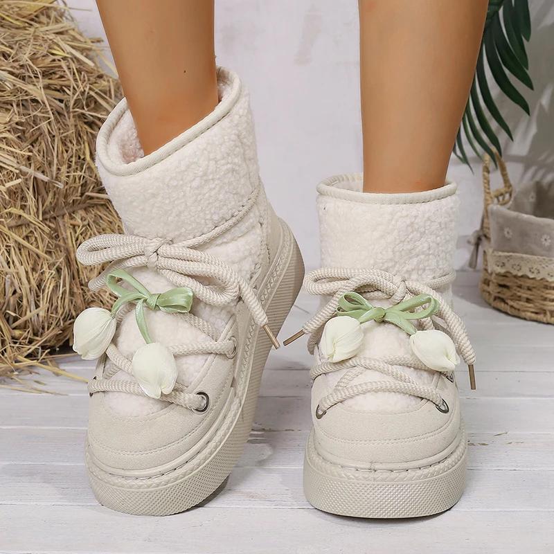 Fashion Floral Bowtie Lace Up Ankle Boots Women Cotton Padded Thicken Plush Snow Boots Plus Size Thick Sole Chunky Platform Cotton Boots