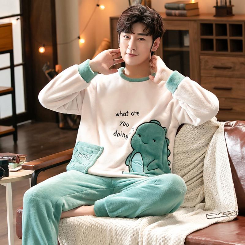 

Зимняя утепленная фланелевая мужская пижама с длинными рукавами, коралловый бархат, домашняя одежда, ночная одежда с рисунком медведя, одежда для отдыха L