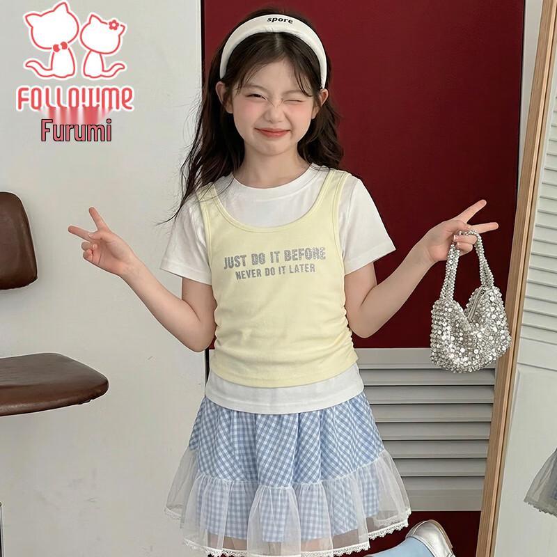 Fulomi Girls  Summer Short Sleeve Fake Two-Piece T-Shirt 120