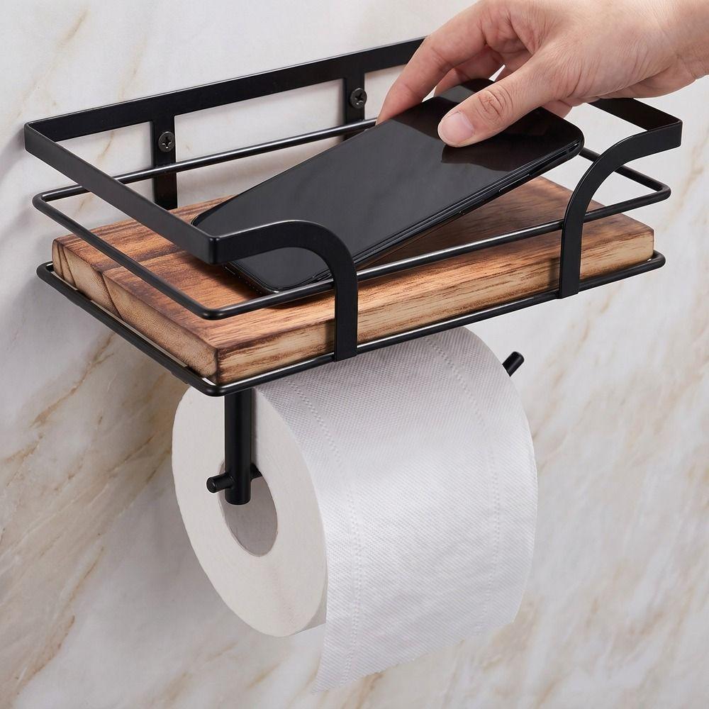 Wall Mounted Paper Towel Holder Wooden Paper Phone Holder Paper Storage Shelf  for Bathroom