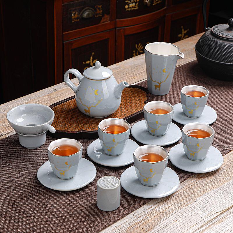 999Pure Silver Tea Set Ceramic Kung Fu Tea Set Tasting Cup Handmade Silver-Plated Tea Bowl Live Streaming Gift