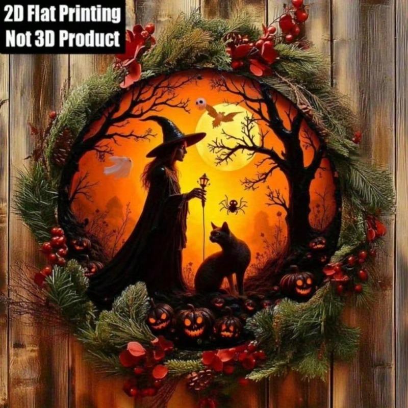 Décoration Murale Ronde en Aluminium Halloween Sorcière Chat Citrouille 20x20 cm pour la Maison