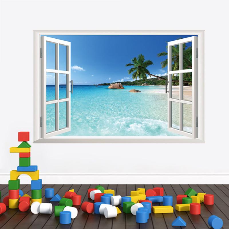 Large Removable Beach Sea 3D Window Decal WALL STICKER Home Decor Exotic Beach View Art Wallpaper