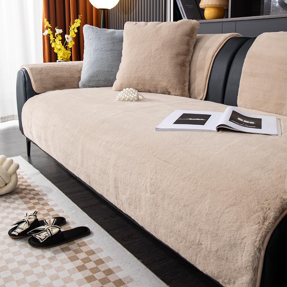 Winter Sofa Cover Rabbit Fur Soft Sensation Padded Plush Sofa Cushion Non-Slip Furniture Protector Suitable for 1-4 People