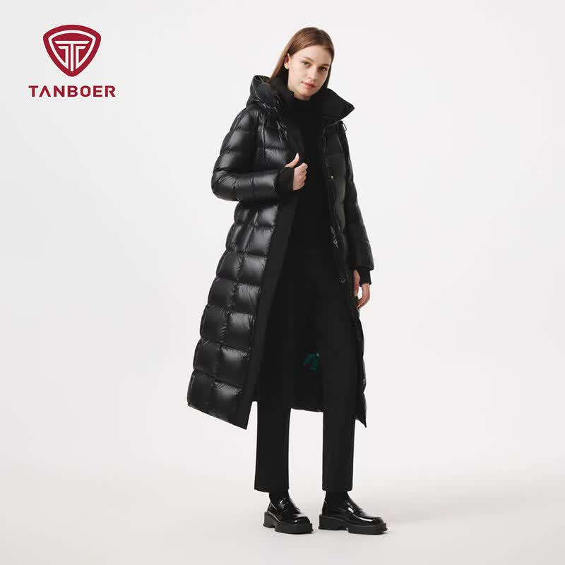 Tanboer Women s Shiny Hooded Long Goose Down Coat S