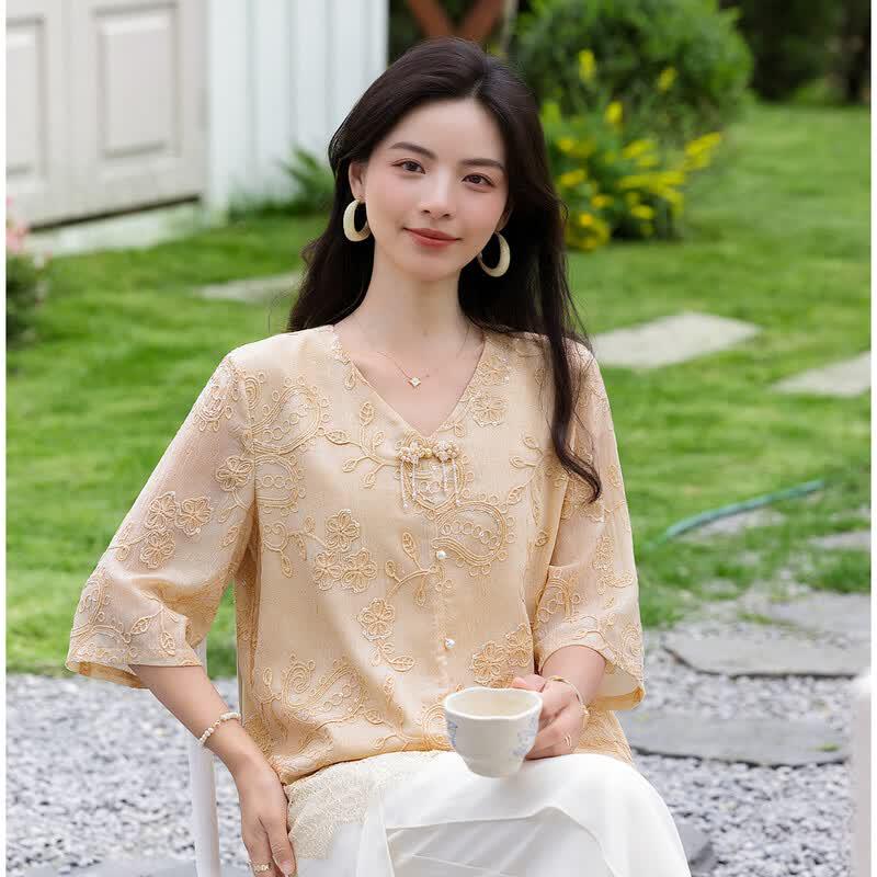Oudifu Elegant Embroidered Lace Blouse XL