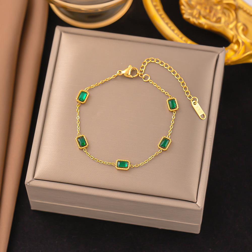 Retro Green Zircon Pendant Necklace Bracelet Ring Women, Crystal Stone Chain Stainless Steel Gold Plated Luxury Gifts