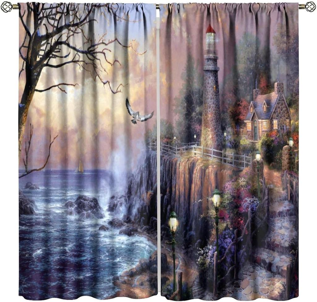 Lighthouse Curtains Vintage Sunset Ocean Island Lighthouse Nature Landscape Art Print Blackout Window Drapes for Bedroom Living