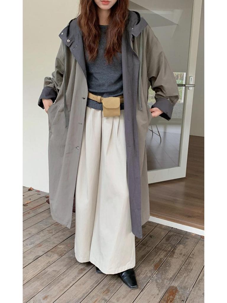 Women's Retro Miu-Style Colorblock Hooded Trench Coat with Stand-up Collar, 2025 Autumn Collection
