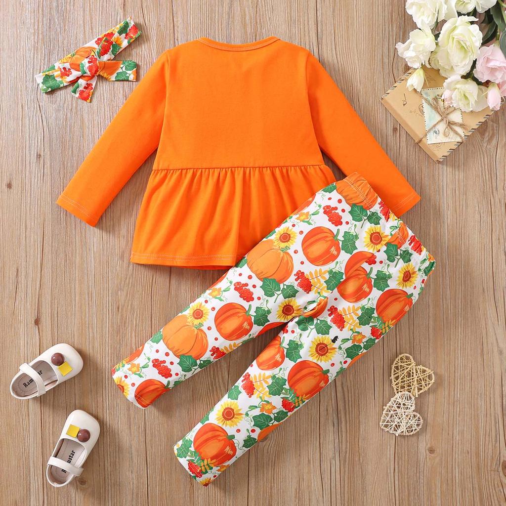 Kids Girls Halloween Outfit Spring Autumn Long Sleeve Pumpkin Printed Skirt Pants Two Piece Set Fashion Casual Children Clothing