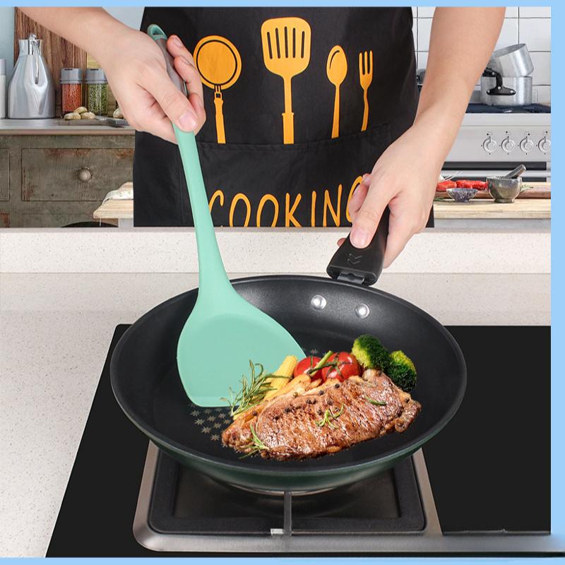 Ustensile de bucătărie Separator de ulei din silicon rezistent la căldură Oală anti-opărire cu mâner lung Skimmer lingură Spatulă antiaderentă Oală fierbinte