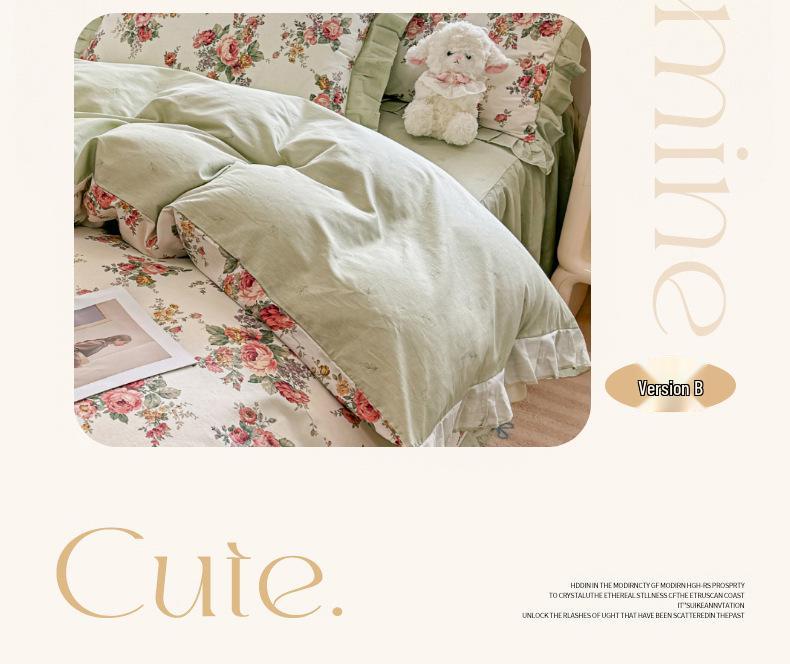 Fairy-Style Cotton Ruffled Bed Skirt & Pastoral Duvet Cover Set