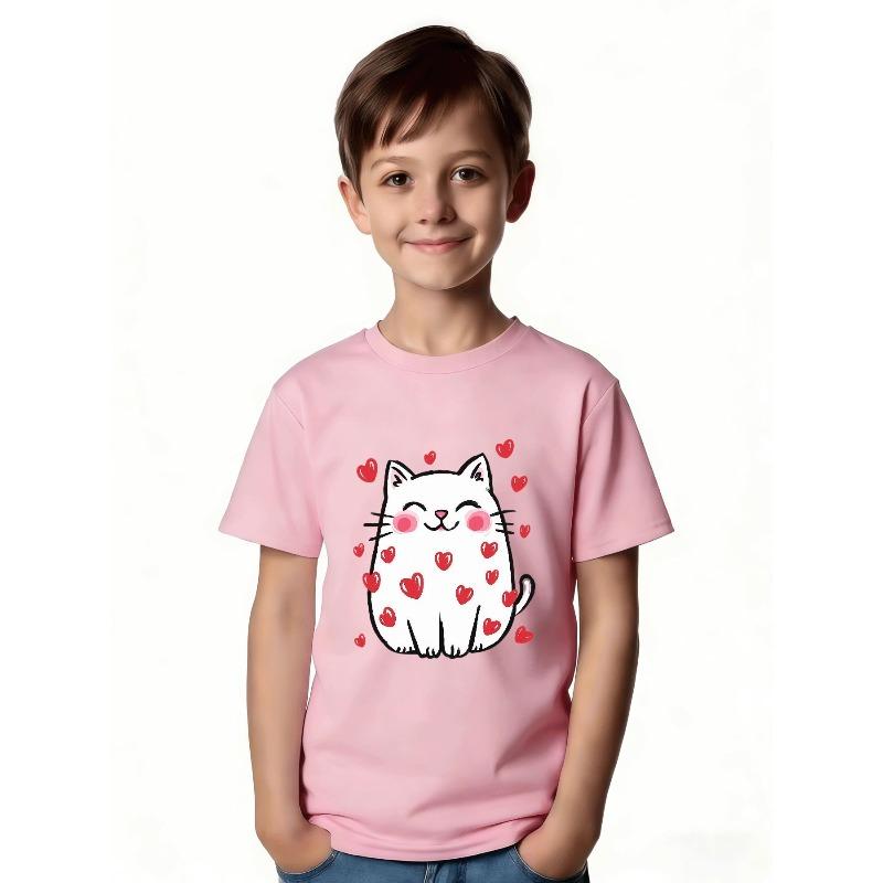 European sizes Cute Round White Kitten T-Shirt for Girls and Boys, Joyful Cartoon Design, Heart Hugging Pattern, Casual Crew Neck, Short Sleeve