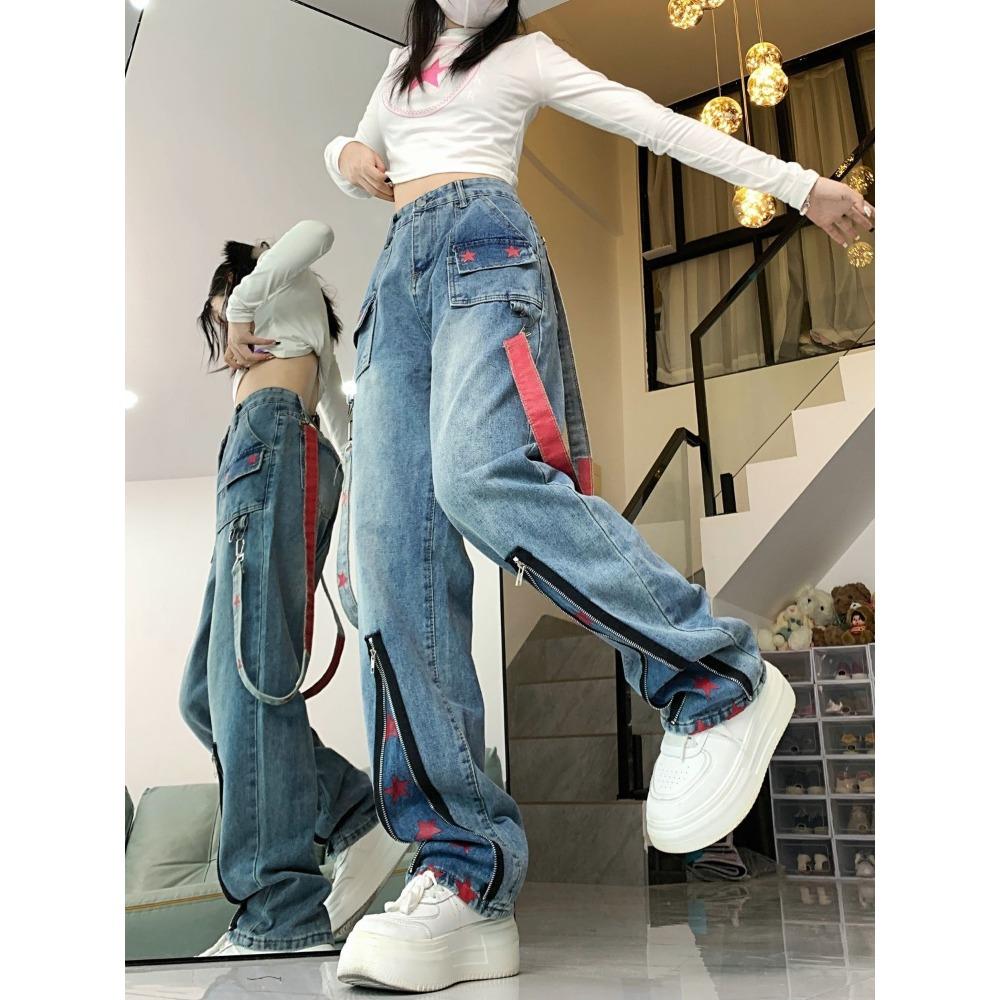 Straight Retro Zipper Star Work Jeans for Men and Women High Street Wide Leg Pants