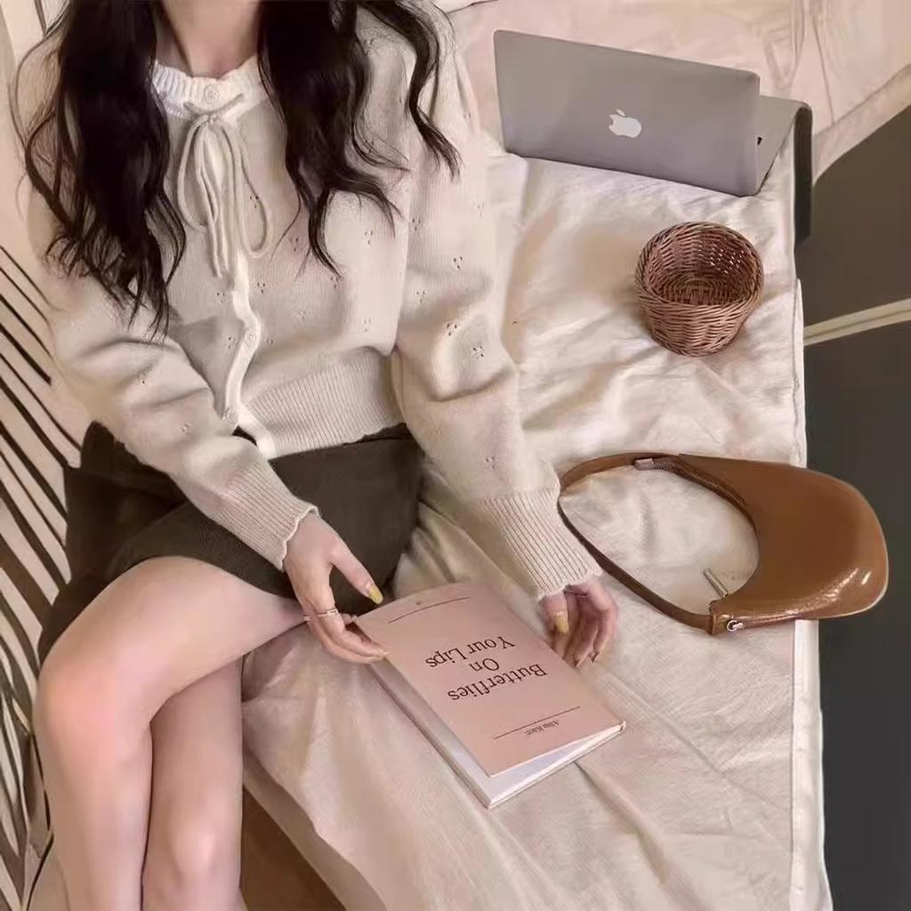 2025 Spring and Autumn Korean New Sweet Knitted Cardigan Gentle Wind Lace-up Bow Color Matching Sweater Jacket Women