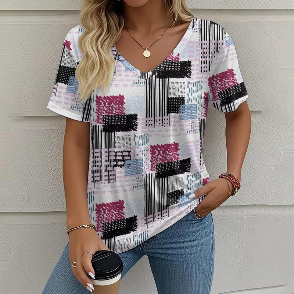 Summer V-neck 3D Color Blocking Printed Top Fashionable Casual Short Sleeved Women's T-shirts