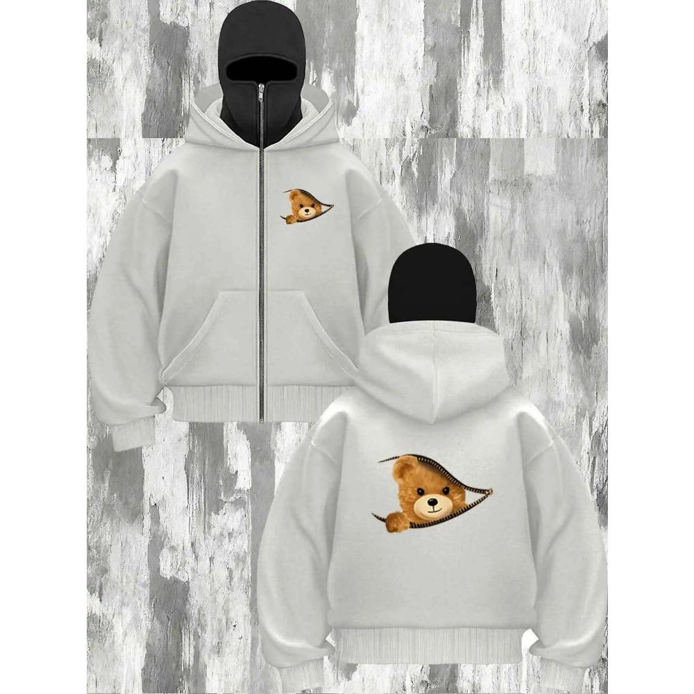Autumn Men Gothic Harajuku Winter New Item Double Hooded Bear Printed Sweatshirt Men's Hooded Mask Zippe