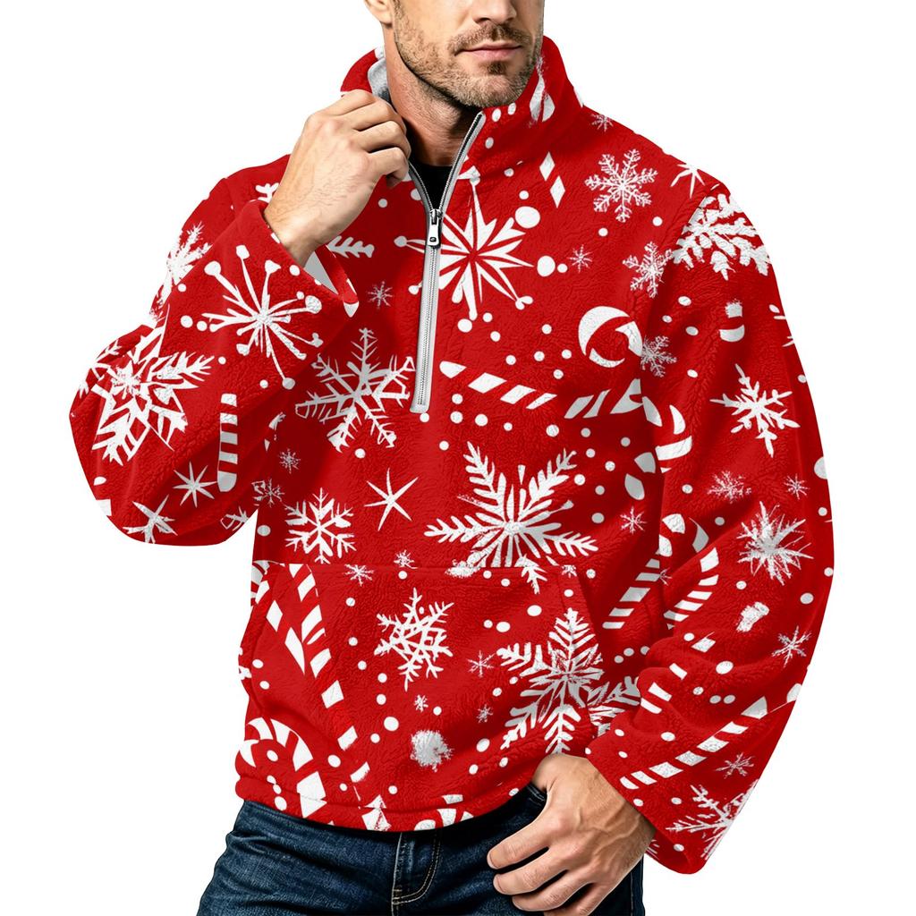 Men's Christmas Print Zip-Up Sweatshirt with Stand Collar, Plus Size Flannel Top for Fall Winter