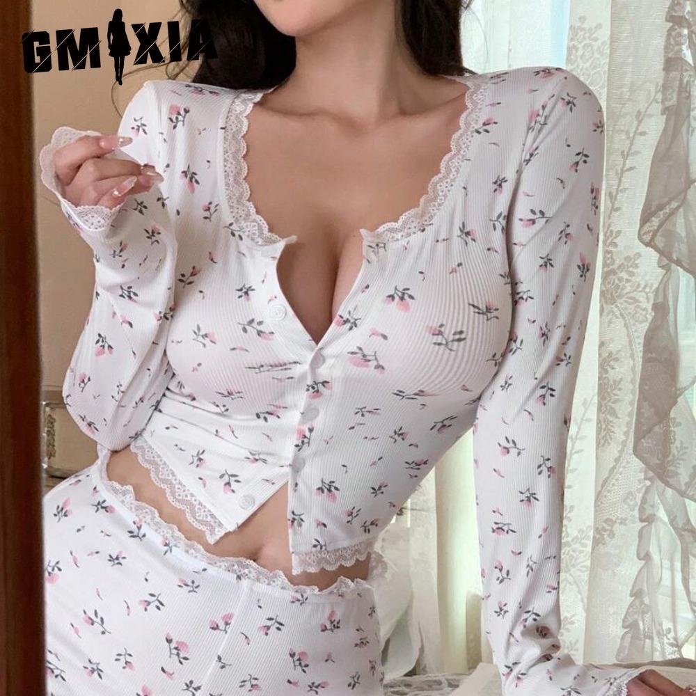 GMXIA Sexy Pajamas Lace Lace Tight Floral Long-sleeved Cardigan Waistless Shorts Loungewear Women's Suit