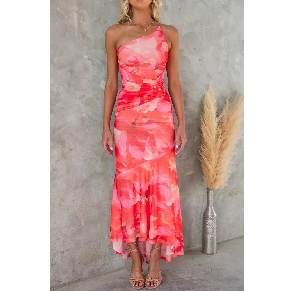 Women Summer Slash Neck Long Dresses Ladies Fashion Floral Printing Ruffle Hem Pleated Bodycon Party Maxi Dress