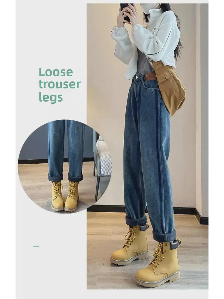 2024 Autumn/Winter Women's Velvet High-Waist Straight Jeans - Retro, Slim Fit, Versatile, Thickened Casual Pants